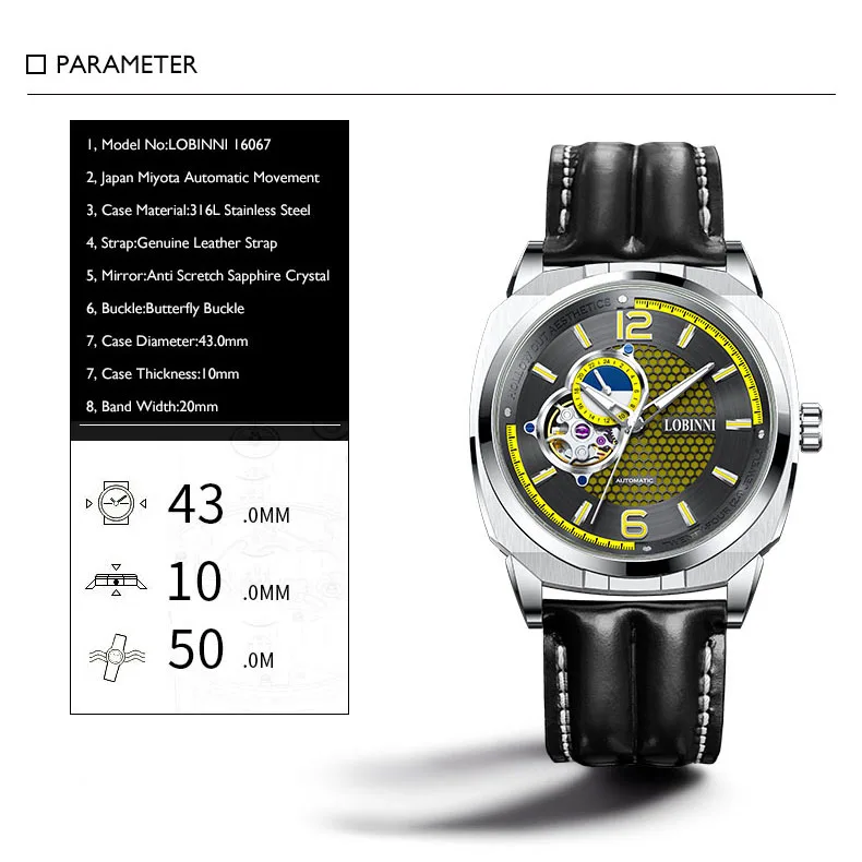 LOBINNI ساعة أوتوماتيكية للرجال 43 مللي متر ساعة يد ميكانيكية 50 متر مقاومة للماء ساعة مفرغة من الياقوت 24 ساعة