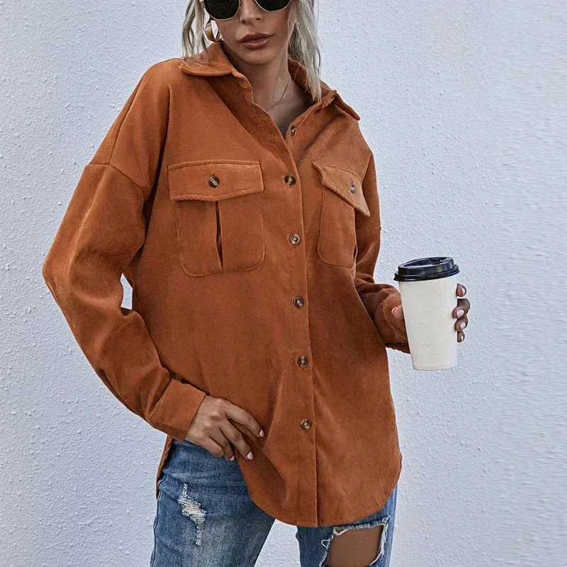 

Autumn Polo Collar Long Sleeve Blouse with Pocket Corduroy Shirt Fashion Women Winter Casual Loose Coats Clothes New 29556