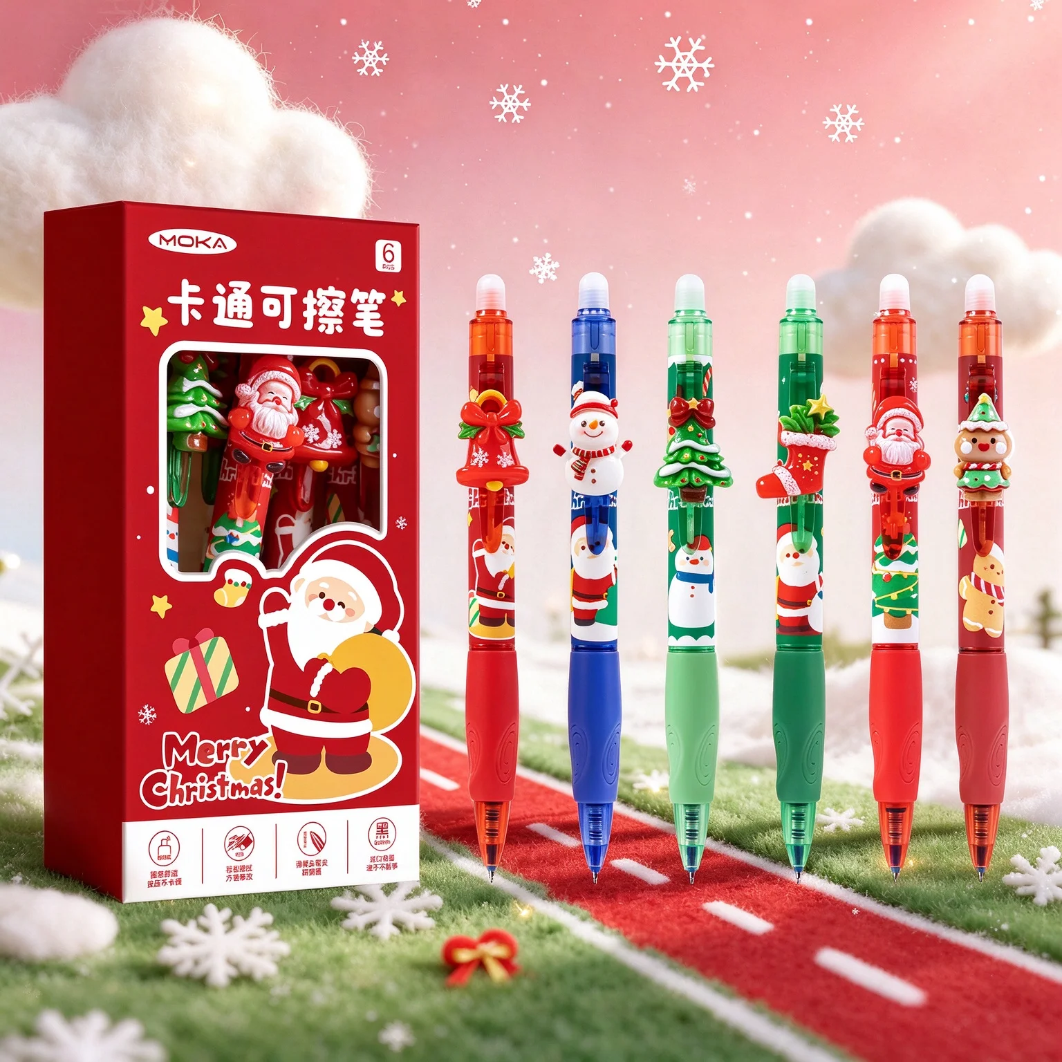 1 Box (6 Pieces Per Box) Christmas Santa Claus Snowman Christmas Tree Bell Socks Reindeer Design Erasable Pen Blue Refill Cute Creative Student Cartoon Heat Erasable Easy-To-Erase Blue Retractable Gel Pen Christmas Gif