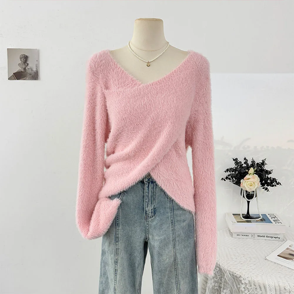 Fuzzy V Neck Design Fitted Silhouette Pullover Minimalist Style Cross Long Sleeve Top New Spring Pullover Sweater Womens Clothes