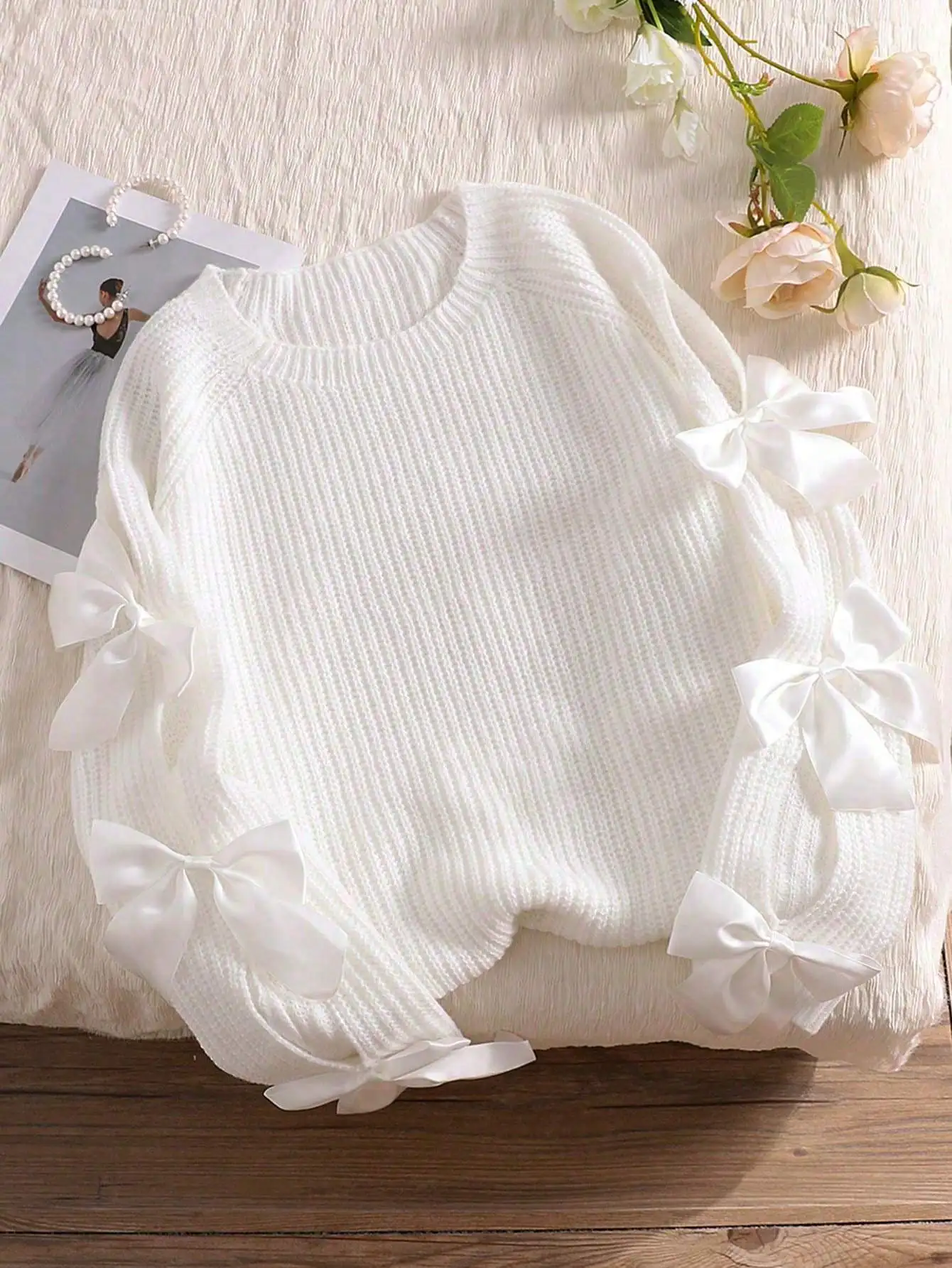 سترة توين جيرلز كاجوال برقبة دائرية وأكمام طويلة بفيونكة مجوفة، خريف/شتاء #6