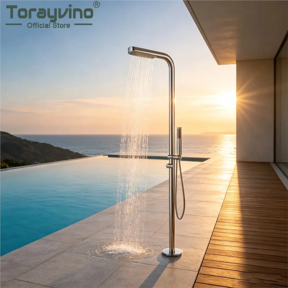Torayvino Freestanding Outdoor Shower Set 316Stainless Steel Rainfall Shower Column With Handheld Spray Floor Stand Pool Shower