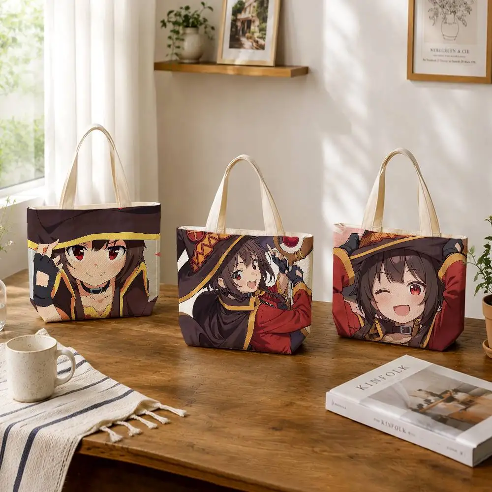 KonoSuba M-Megumin Chomusuke Large Capacity Cotton Polyester Shoulder Tote Bag Zipper Handbag for Shopping Daily