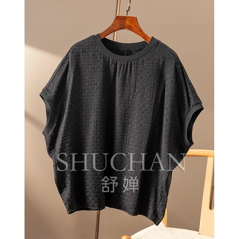 natural silk cabinet bubble crepe round neck bat sleeve shirt T-shirt women 22B2 thin summer blouse loose