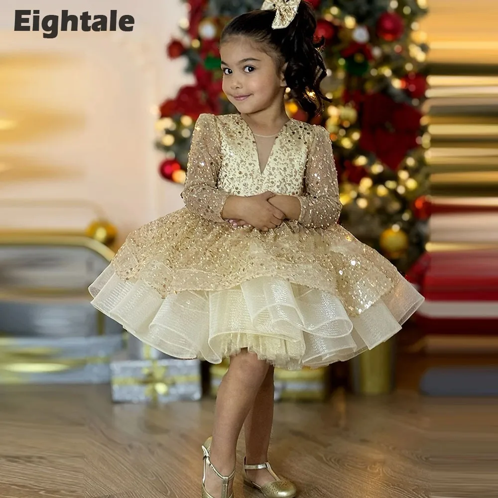 Robes à fleurs Champagne pour filles, Mini Costume personnalisé à paillettes et manches longues pour filles, robe Tutu de fête d'anniversaire pour enfants