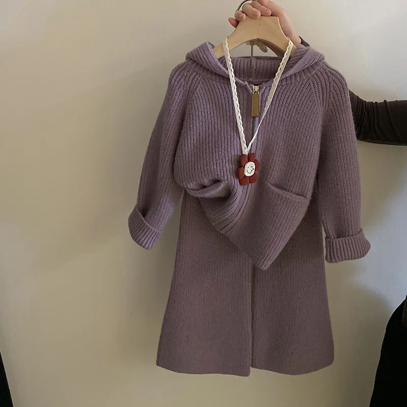 Autumn and Winter New Purple Knitted Hooded Cardigan Jacket Casual Knitted Pants Little Girl's Temperament Knitted Suit