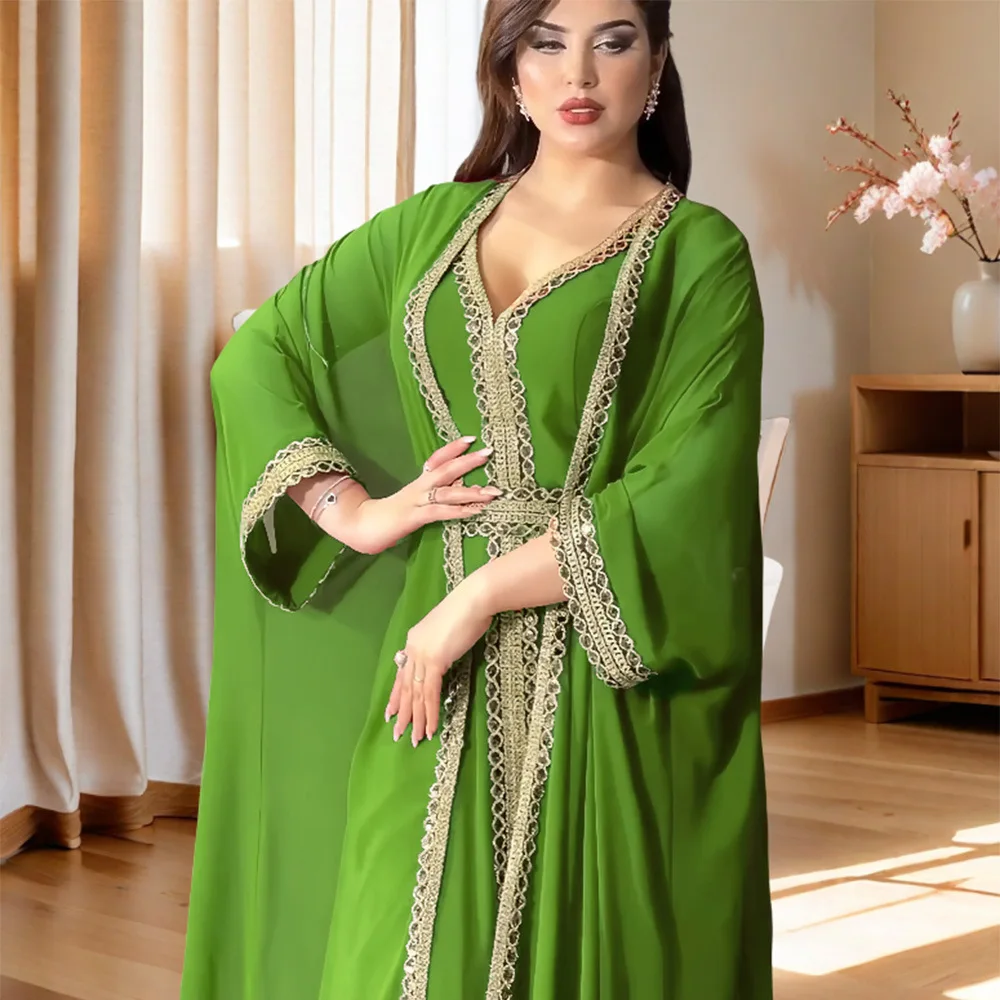 Elegant Muslim Abaya for Women Dress 2 Piece Set Chiffon Long Sleeve Caftan Indian Party Dresses Kinono Robe Vestidos Abayas