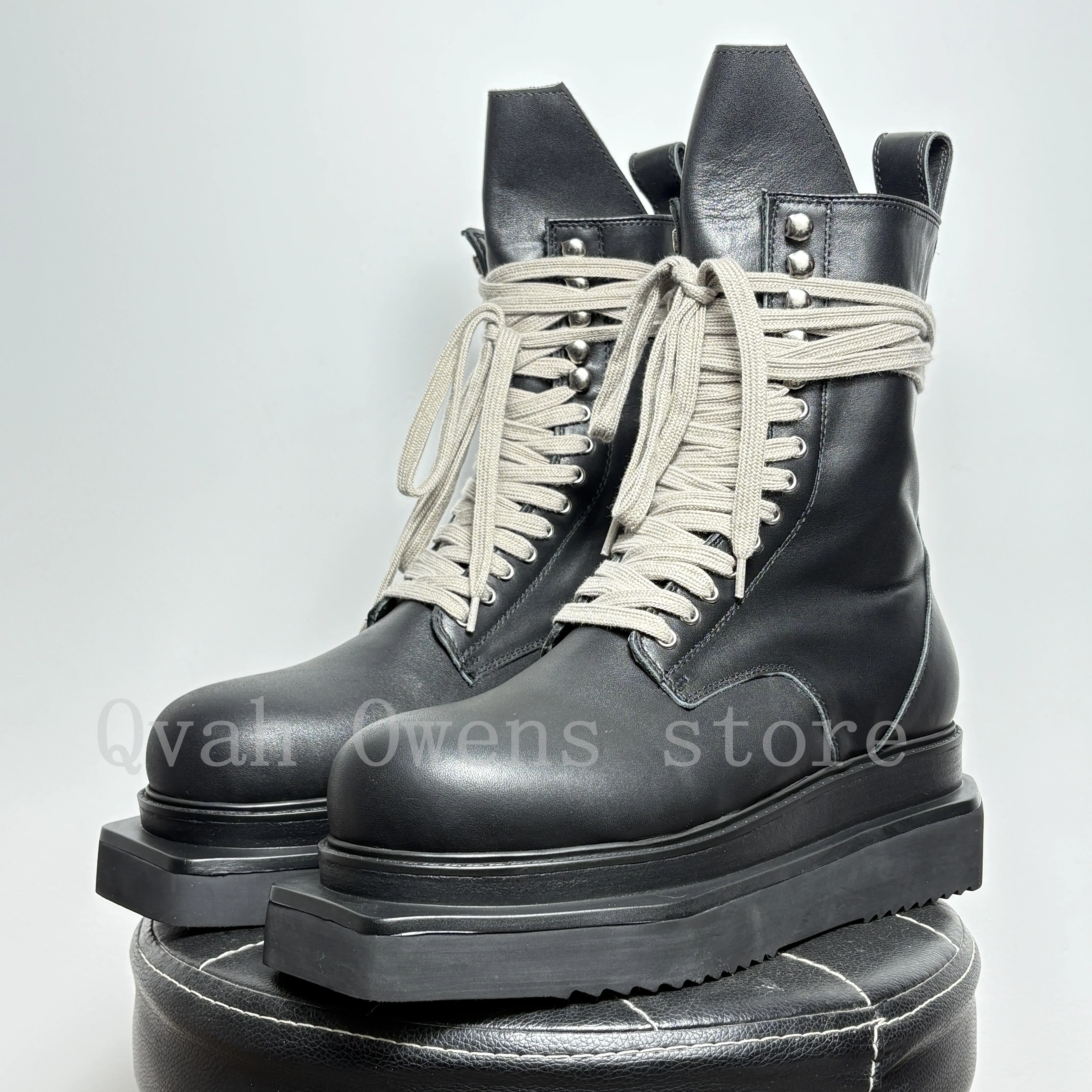 Men's High Top Shoes Platform Sneakers Chunky Sole Leather Lace Up Zip Heels Luxury Trendy Designer Black Motorcycle Boots