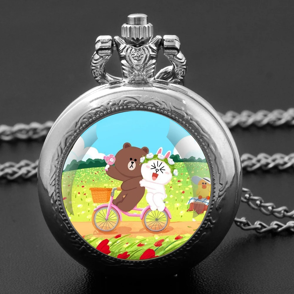 곰과 토끼 디자인 유리 돔 회중 시계 체인 목걸이 빈티지 석영 펜던트 시계 남성 여성 선물