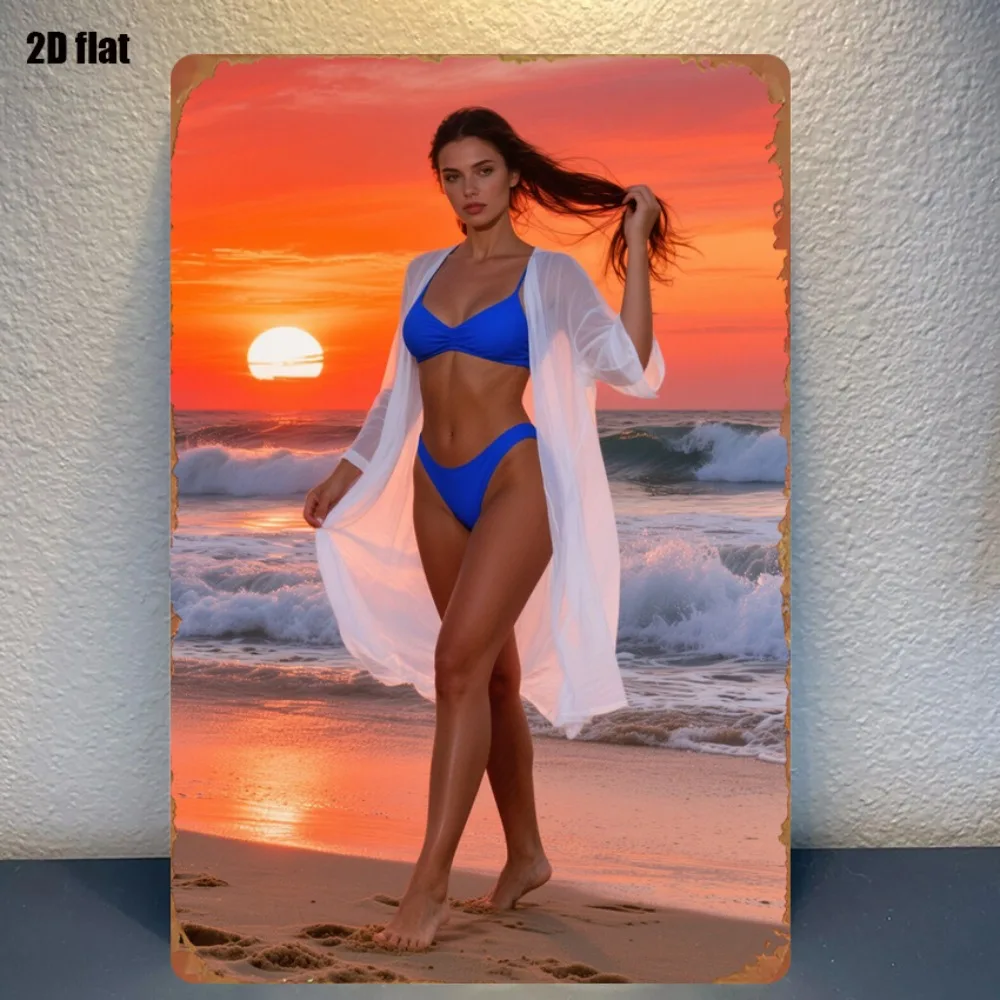 2D Retro Metallschild Strand Sonnenuntergang Mädchen 8x12 Zoll Wandkunst Vintage Heimdekoration