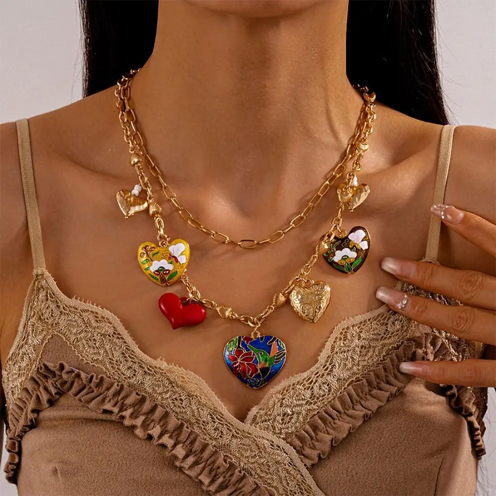 على شكل قلب كبير القلب قلادة قلادة يقطر النفط خمر طبقة مزدوجة قلادة زهرة الذهب سلسلة الترقوة الفتيات #6