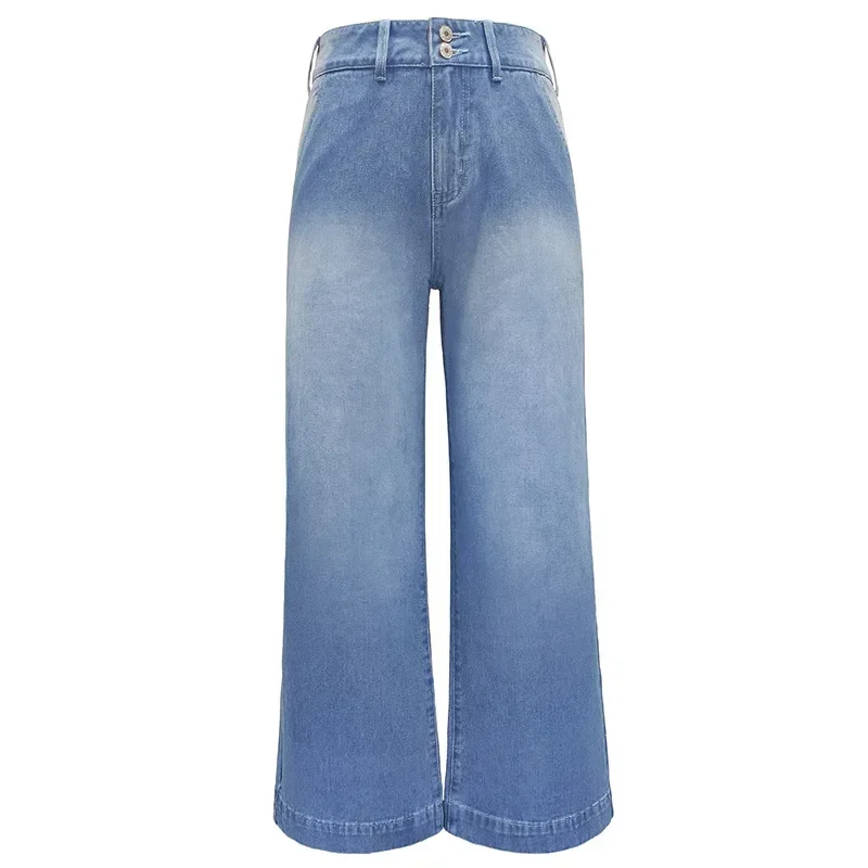 Pantalones vaqueros informales de cintura alta para mujer, pantalón holgado de pierna ancha con botones blanqueados, largos y versátiles, Lugentolo