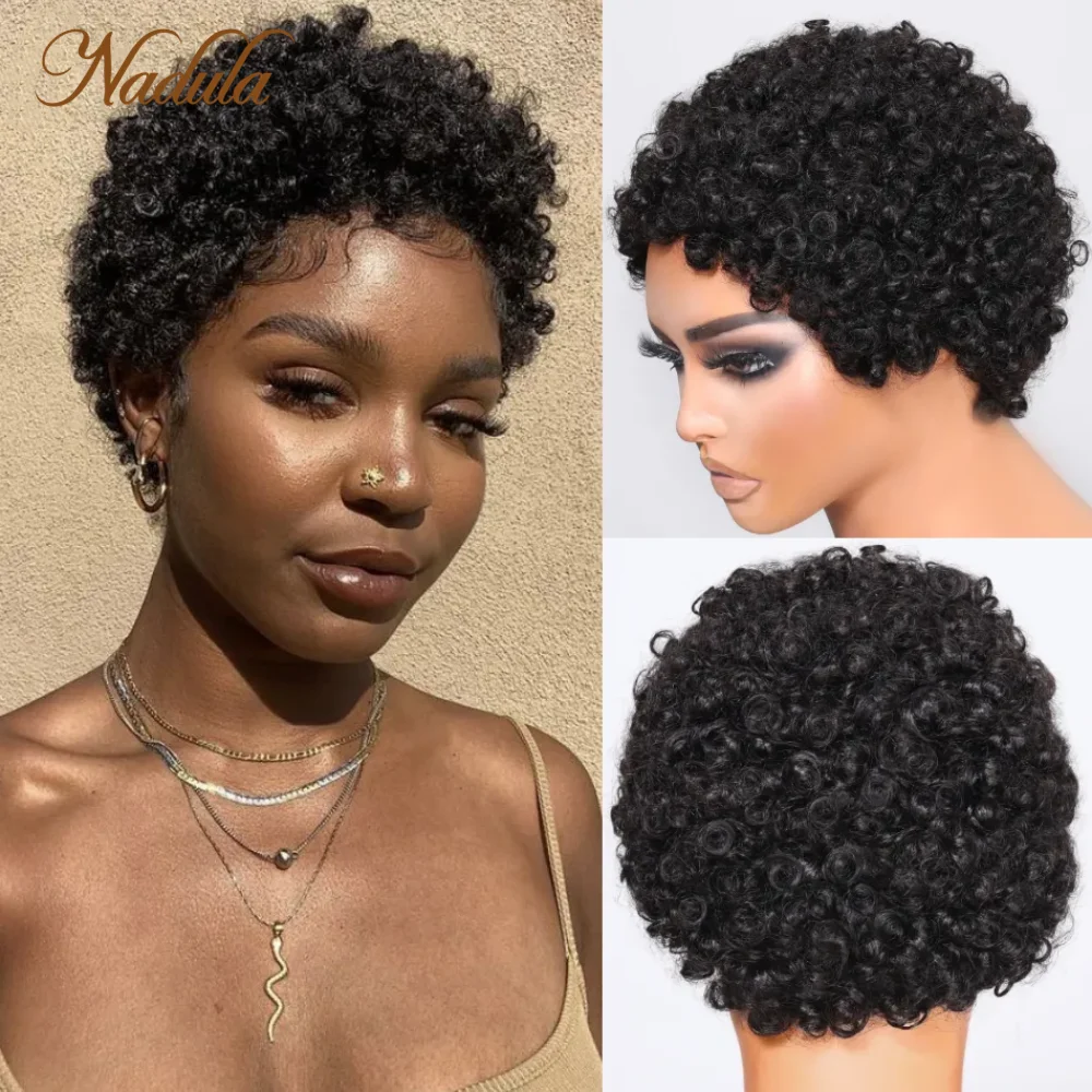 Nadula Hair Glueless Short Pixie Wig 4 Inch Wig Afro Curly Highlight Blond Color Natural 99J Burgundy Full Machine Made Wigs