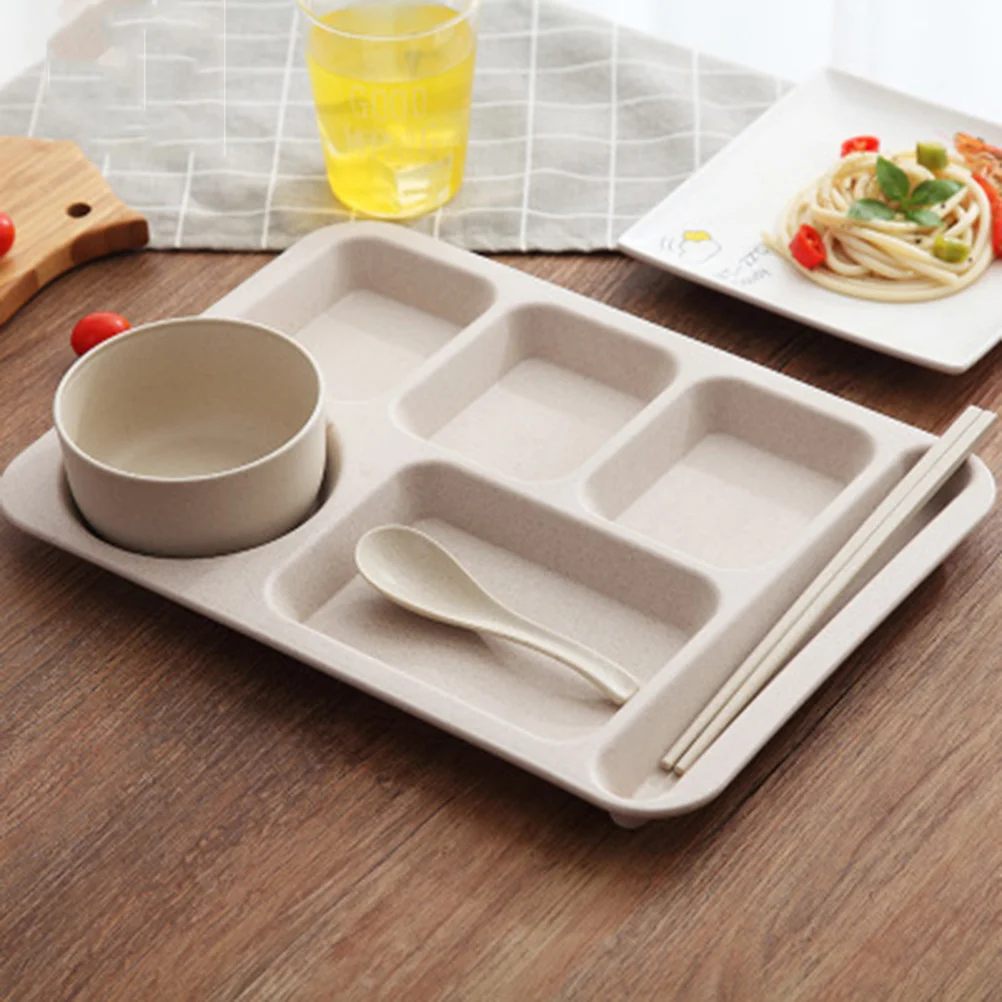 1 مجموعة 1 مجموعة صينية الوجبات السريعة الاطفال القمح القش السلطانية مجموعة أدوات المائدة شاتيربروف أطباق منفصلة للأطفال الصغار آمنة للاستخدام في غسالة الأطباق البيج #4