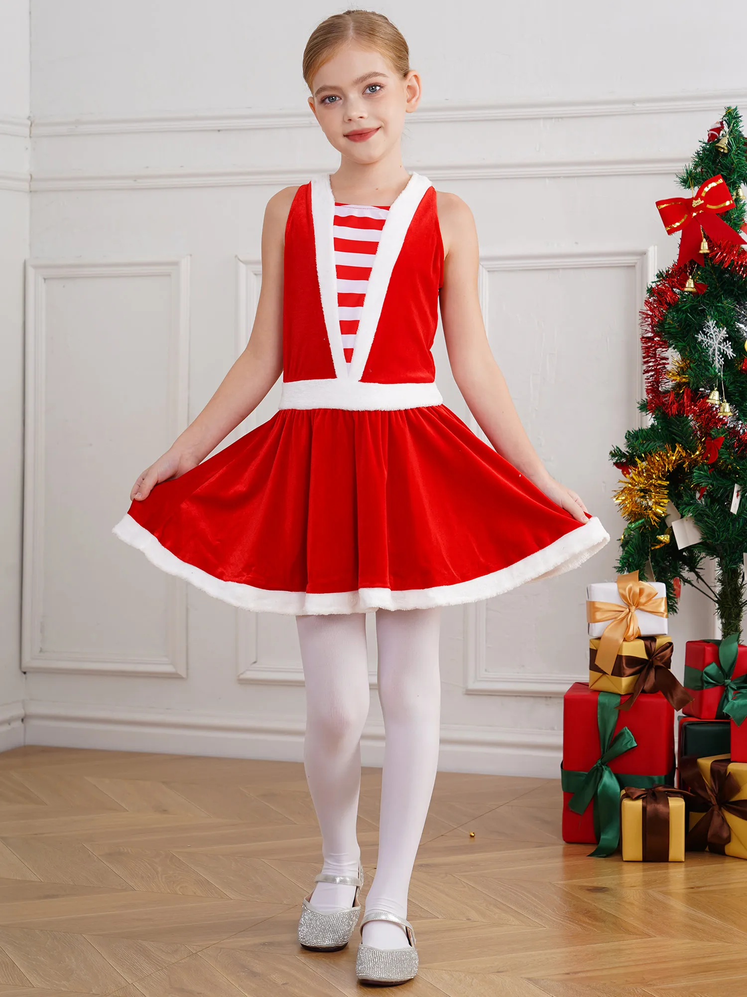 Girls Cutout Striped Xmas Party Performance Leotard Suit Christmas Holiday Party Santa Velvet A-Line Dress Princess Ball Gown