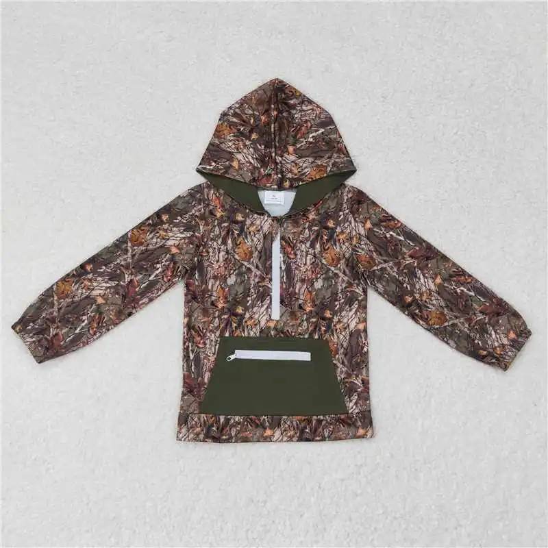 wholesale western boutique children\'s clothing  Baby Boys Brother Sibling Bottomland Camo Hooded Zip Pocket Fall Pullovers Tops