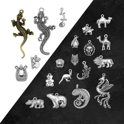 Antique Silver Plated Animals Charms Zoo Polar Bear Lion Lizard Gecko Pendants For Diy Jewelry Making Findings Craft Wholesale