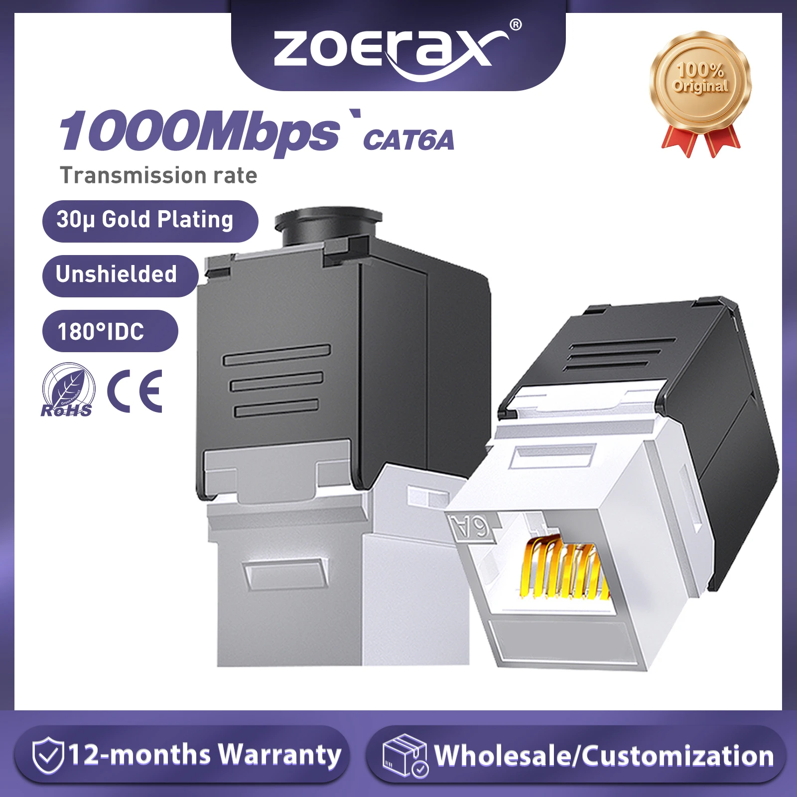 ZoeRax 1PCS Cat8 Cat7 Cat6a RJ45 Keystone Jack |   Żeńskie gniazdo UTP o kącie 180 stopni, do zakończenia bez użycia narzędzi |   Sieciowy adapter Ethernet