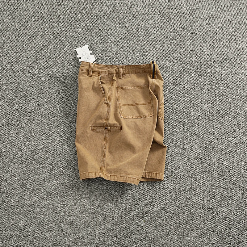 

Винтажная рабочая одежда цвета хаки, мужские повседневные эластичные тканые свободные брюки прямого кроя, простые брюки средней длины пять четвертей
