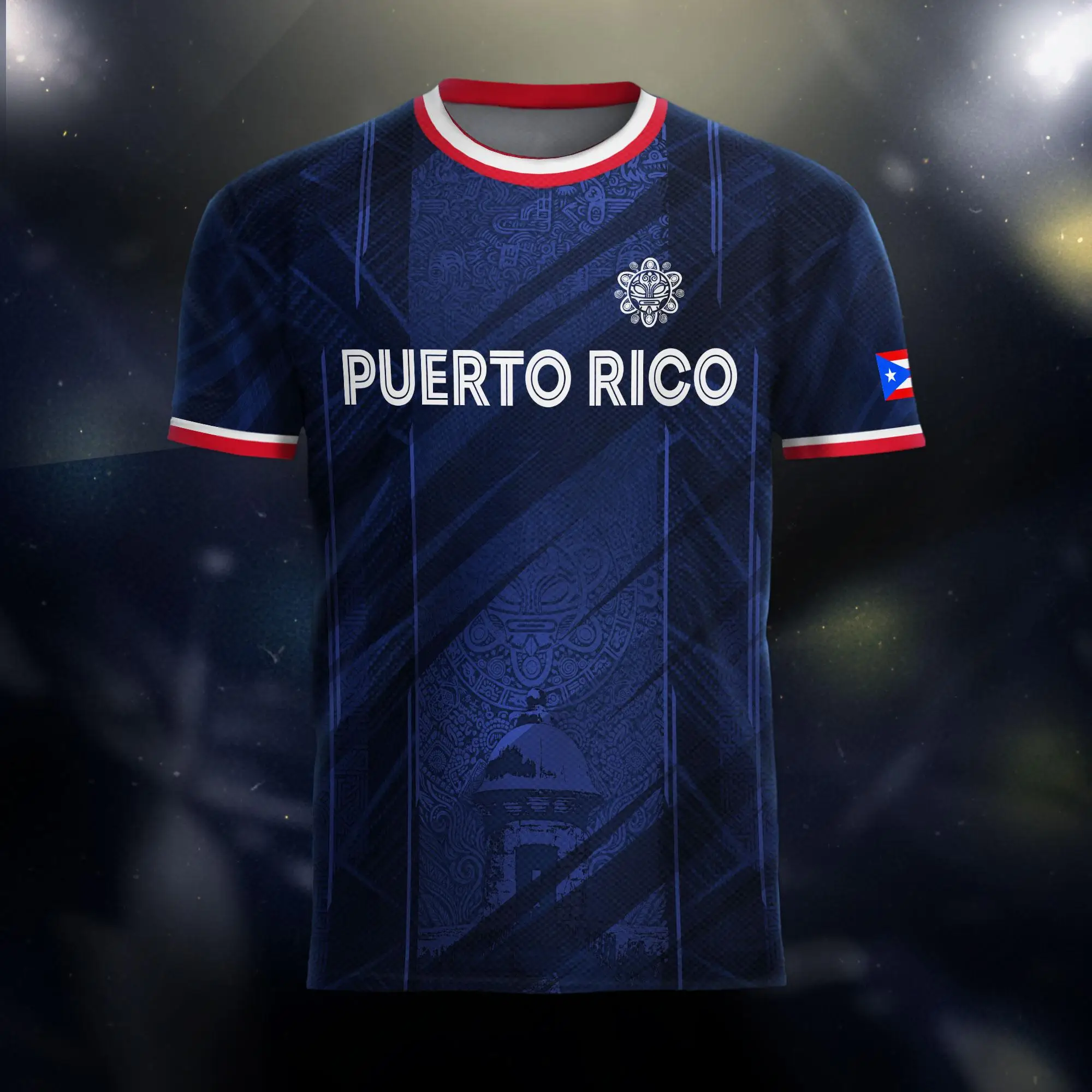 Puerto Rico Soccer Fan Jersey Mens Navy Blue Diagonal Graphics Red White Trim Short Sleeve Football Shirt