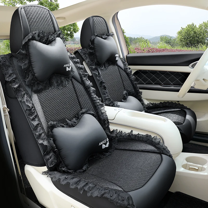 Cute Pink Car Seat Cover Set for Women Four Seasons Breathable Lace Trim Flower Seat Cushion Protector Auto Interior Accessories