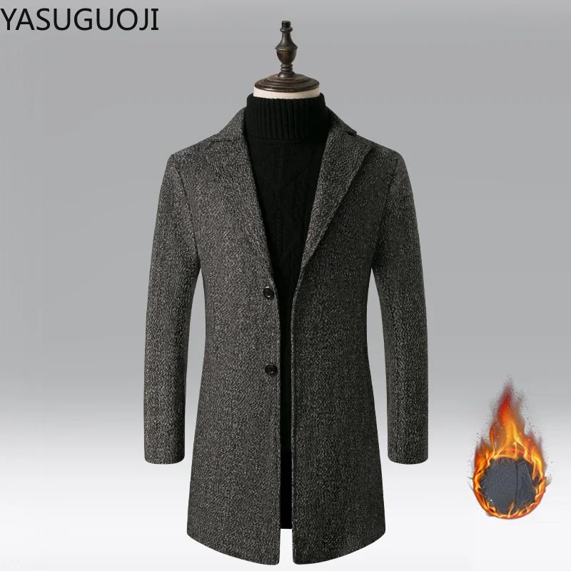 

Men's Business Casual Wool Long Coat Streetwear Slim Fit Turn Down Collar Overcoats Male Winter Cotton Padding Trench Coat Men