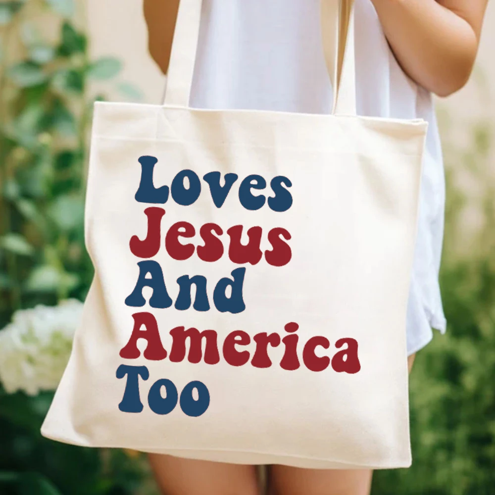 Loves Jesus and America Too Tote Bags America Patriotic Women's Elegant Bag USA Flag 4th of July Independence Day Ladies Handbag