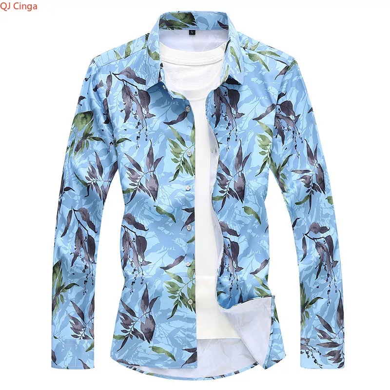 Spring New Men's Light Blue Long-Sleeve Printed Shirts White Stretch Single-Button Collar Shirt Asian Sizes M-7XL, Black & Green