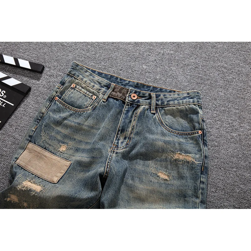 Loose straight leg jeans for men, retro distressed patch, embroidered teddy bear print, Korean fashion pants