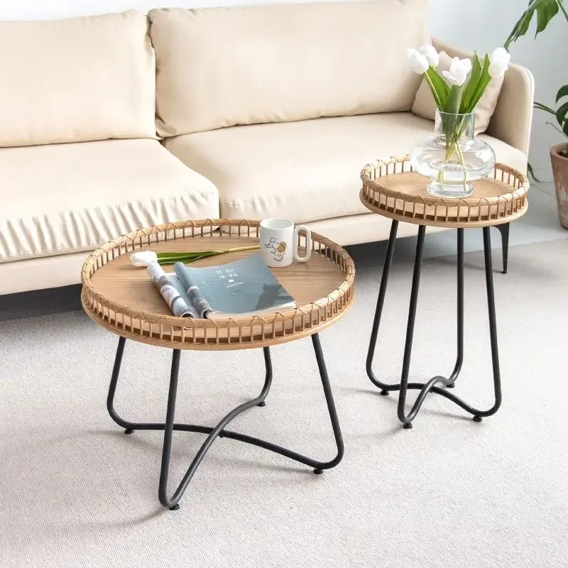 

Designer Japanese Rattan Weaving Round Log Small Coffee Table Small Apartment Wrought Iron Side Table Balcony Corner Table