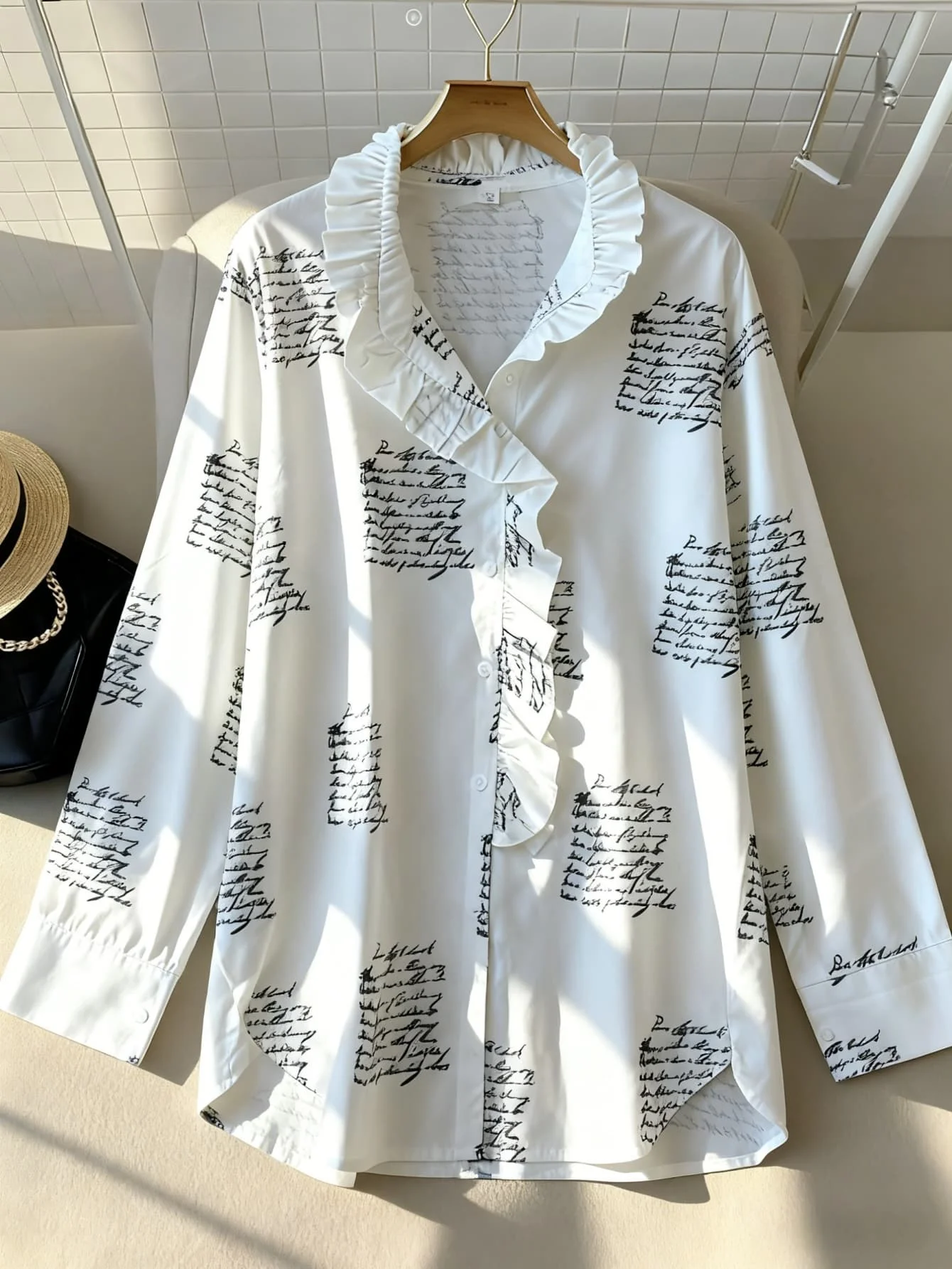 

New Chic 2026 Long Sleeve Loose White Shirt Women Casual V Neck Ruffles Elegant Women's Blouse Printed Office Ladies Tops