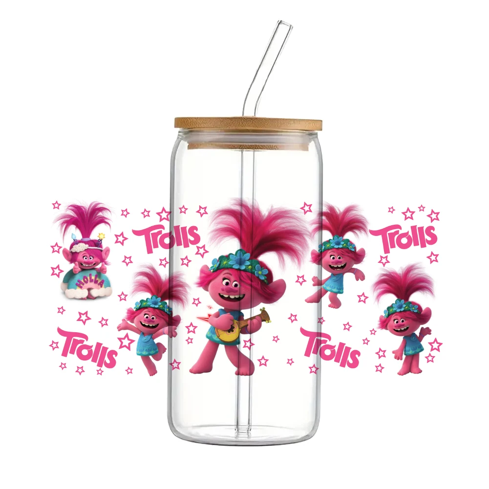 Impermeável Disney Magic Trolls para Libbey, 3D Glass Wrap, 11x11cm, 16oz Can Glass, UV DTF