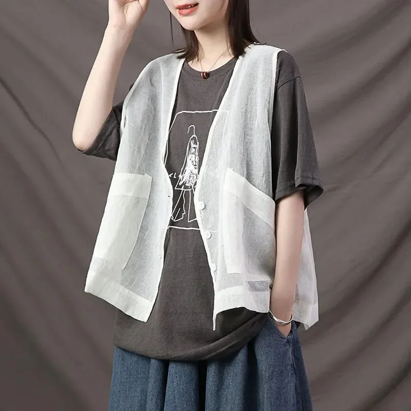 

Vests Women Transparent V-neck Vintage Korean Style Casual Clothes Breathable Solid Thin Summer Sleeveless Ins Feminine Outwear
