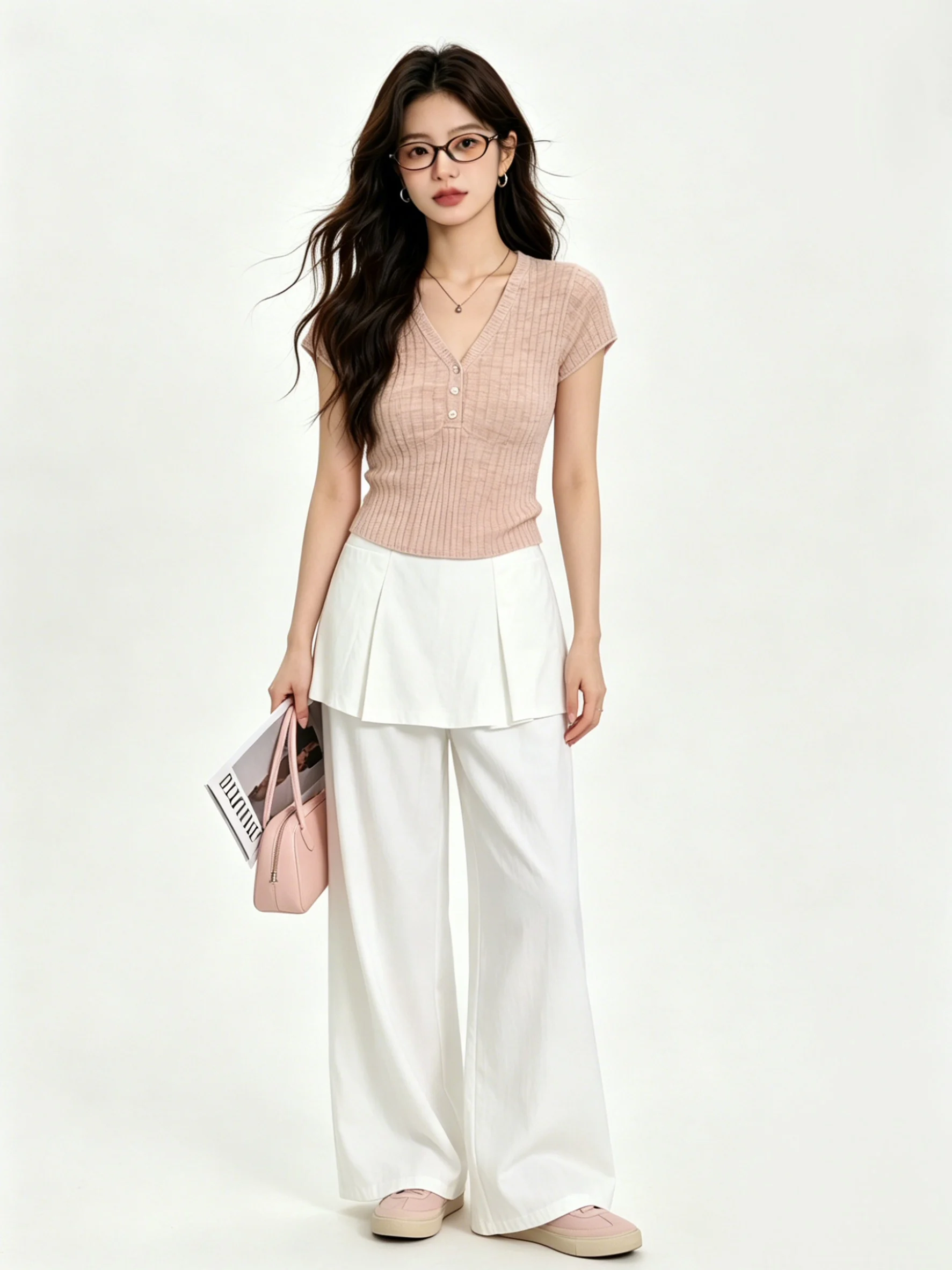 

High Waist Draped Skin-Friendly Korean Style Simple Casual Pants Summer Loose Slimming Long Trousers Fake Two-Piece Ensemble