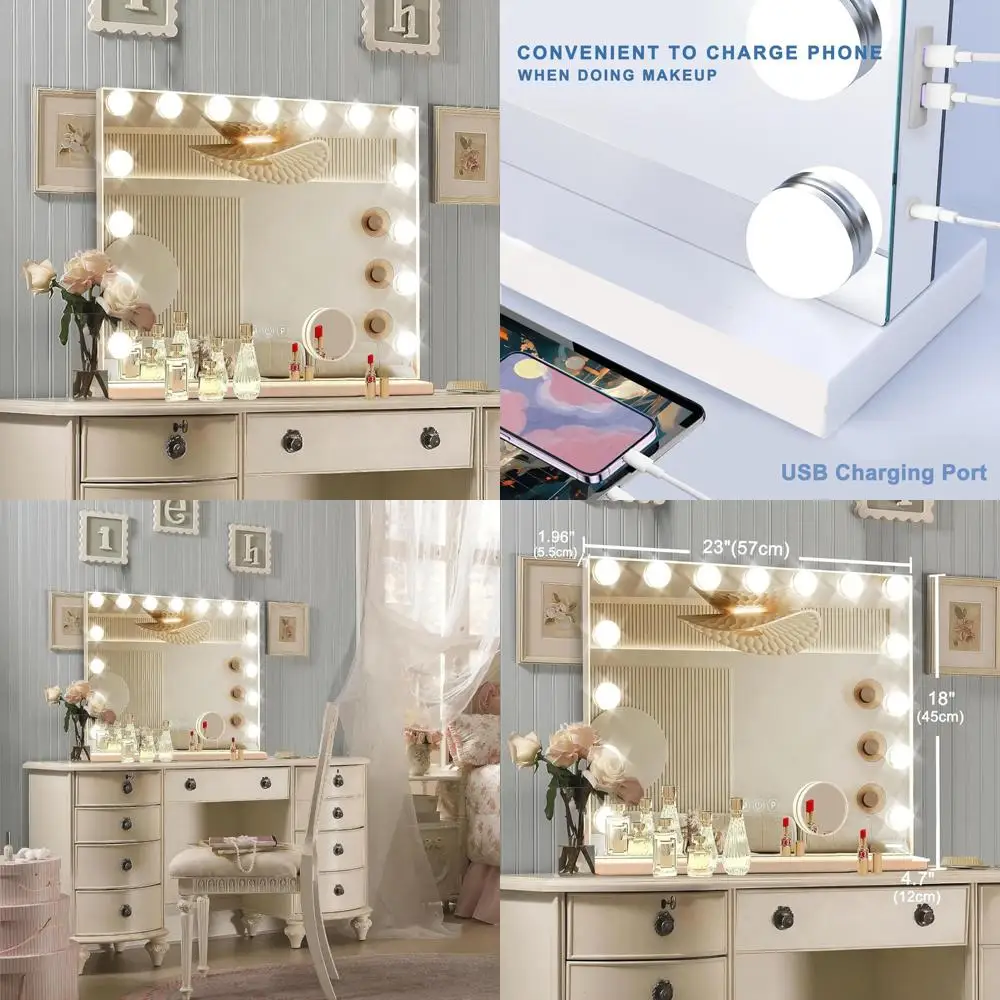 

LED Lighted Makeup Mirror with 15 Adjustable Bulbs, 3 Color Options, Aluminum Frame, USB Charging, Hollywood Vanity Style