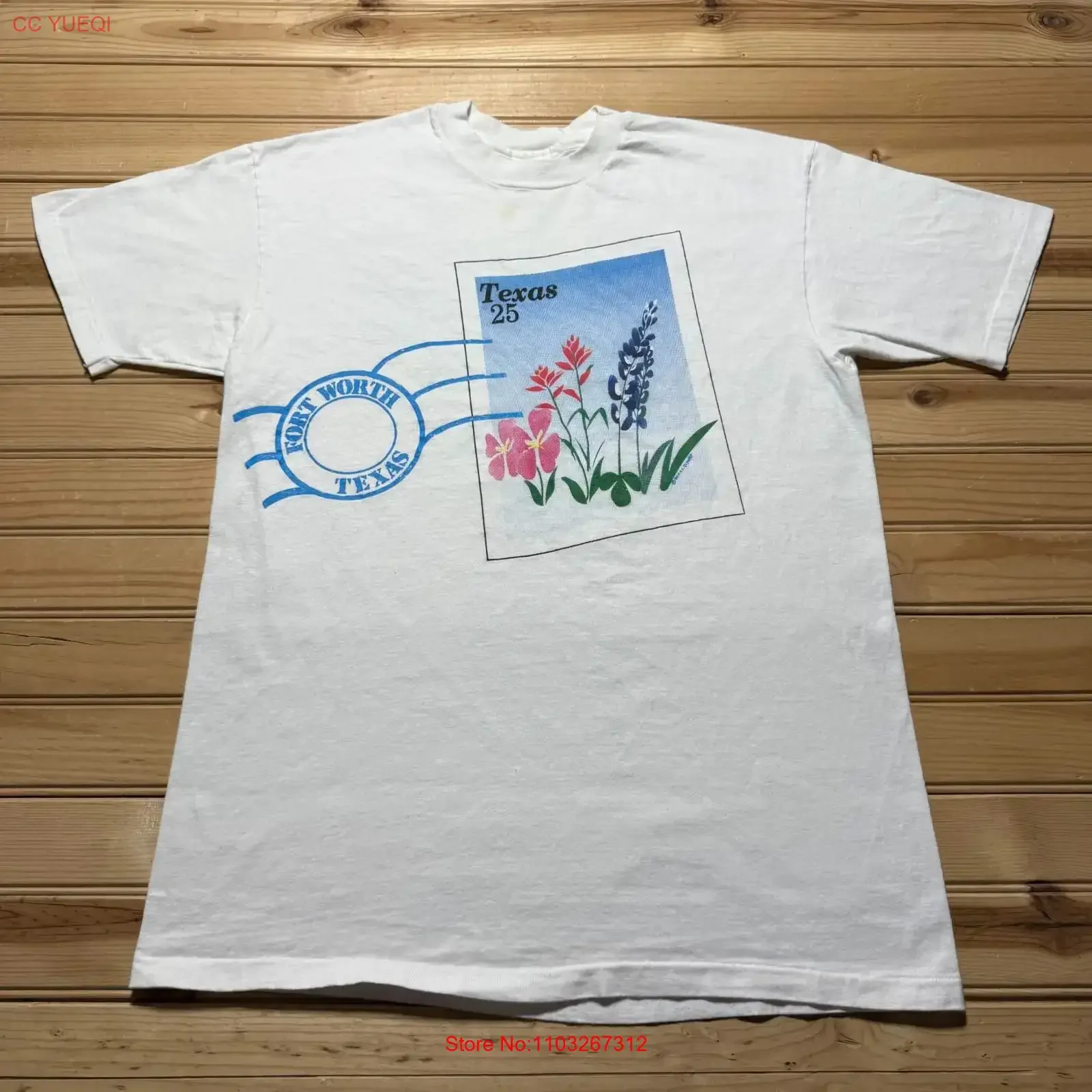 Camiseta Vintage de los 90, 1990, Fort Worth, Texas, con Estampado Floral Bluebonnet, Recuerdo de Viaje, Talla Mediana, Lavado Vintage, Gráfico Elástico, Suave