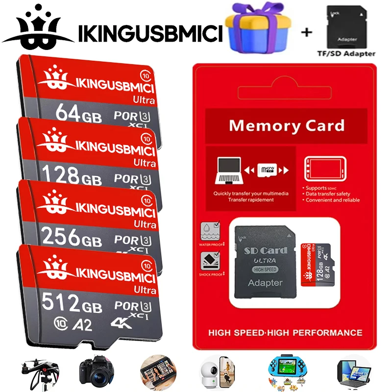 بطاقات ذاكرة TF، بطاقات Micro TF، بطاقات SD بسعات 32 جيجابايت، 128 جيجابايت، 256 جيجابايت، 512 جيجابايت، عالية السرعة C10 U3، مقاومة للصدمات، مناسبة لجهاز نينتندو سويتش والطائرات بدون طيار.