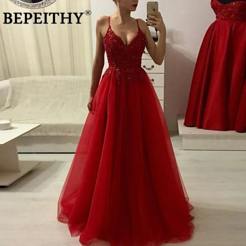 BEPEITHY Customized A-Line Long Evening Dresses For Women 2023 Elegant Sexy Deep V Neck Prom Dress Spaghetti Straps Party Gowns