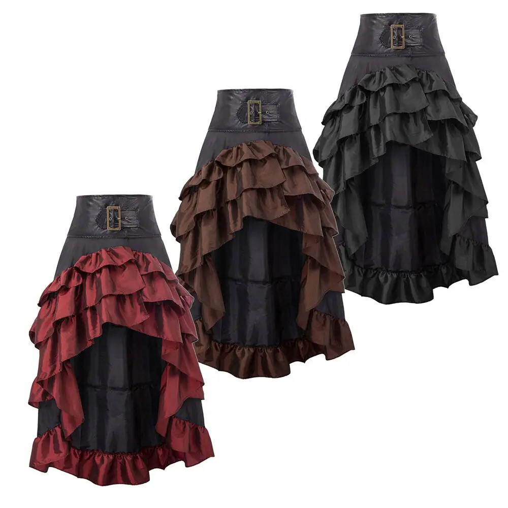 Womens Steampunk Gothic High Low Skirt Victorian Bustle Skirt Ruffl Party Outfit