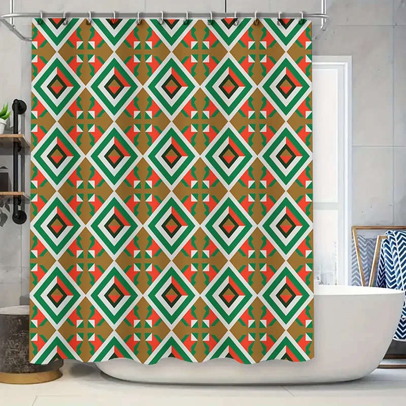 

Colorful Geometric Shower Curtain Bath Decor for Home Bathroom Waterproof Fabric with Rod Pocket Red Green Printed Design (Green
