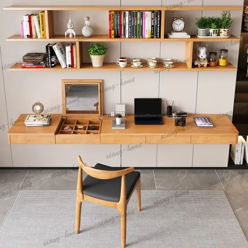 YJ Modern Solid Wood Wall Mounted Desk with Bookshelf Nordic Bedroom Floating Study Table Home Furniture Bureau Flottant FYFD