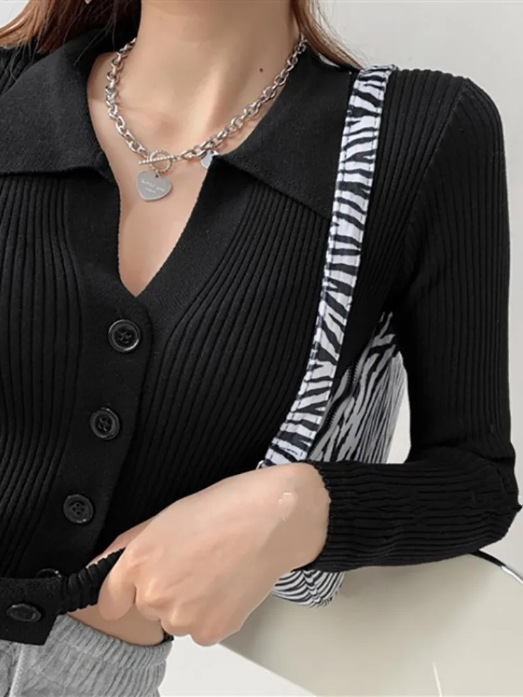 Women Lapel Slim Slimming Tops Ladies Button Up Sexy V Neck Long Sleeve POLO Neck Knit Cardigan Sweater