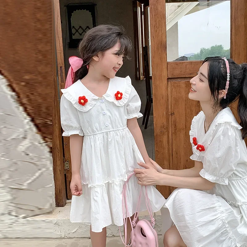 Mother and Baby Girl Big Collar Dress 2023 Summer Equal Mom and Daughter Matching White Puff Sleeve Dresses Cute Women Clothing