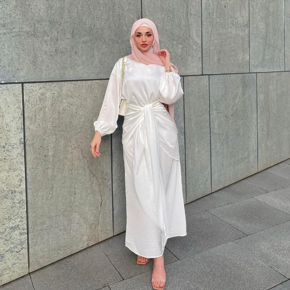 Eid 2 Piece White Satin Under Abaya Dress with Wrap Front Skirt Set Arabic Long Dresses for Women Muslim Dubai Islamic Clothing