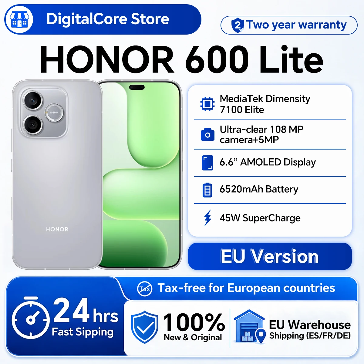 Image of HONOR 600 Lite 5G Smartphone EU-Version MediaTek Dimensity 7100 Elite 6,6 Zoll 120 Hz AMOLED 6520 mAh 45 W SuperCharge 108 MP AI-Kamera