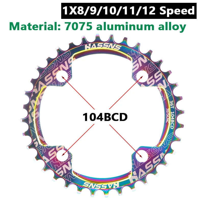 Plato de bicicleta de montaña ultraligero, redondo, estrecho, ancho, 104BCD-32T 34T 36T 38T 40T 42T, diente de bielas 104BCD, 4 pernos, rueda de cadena