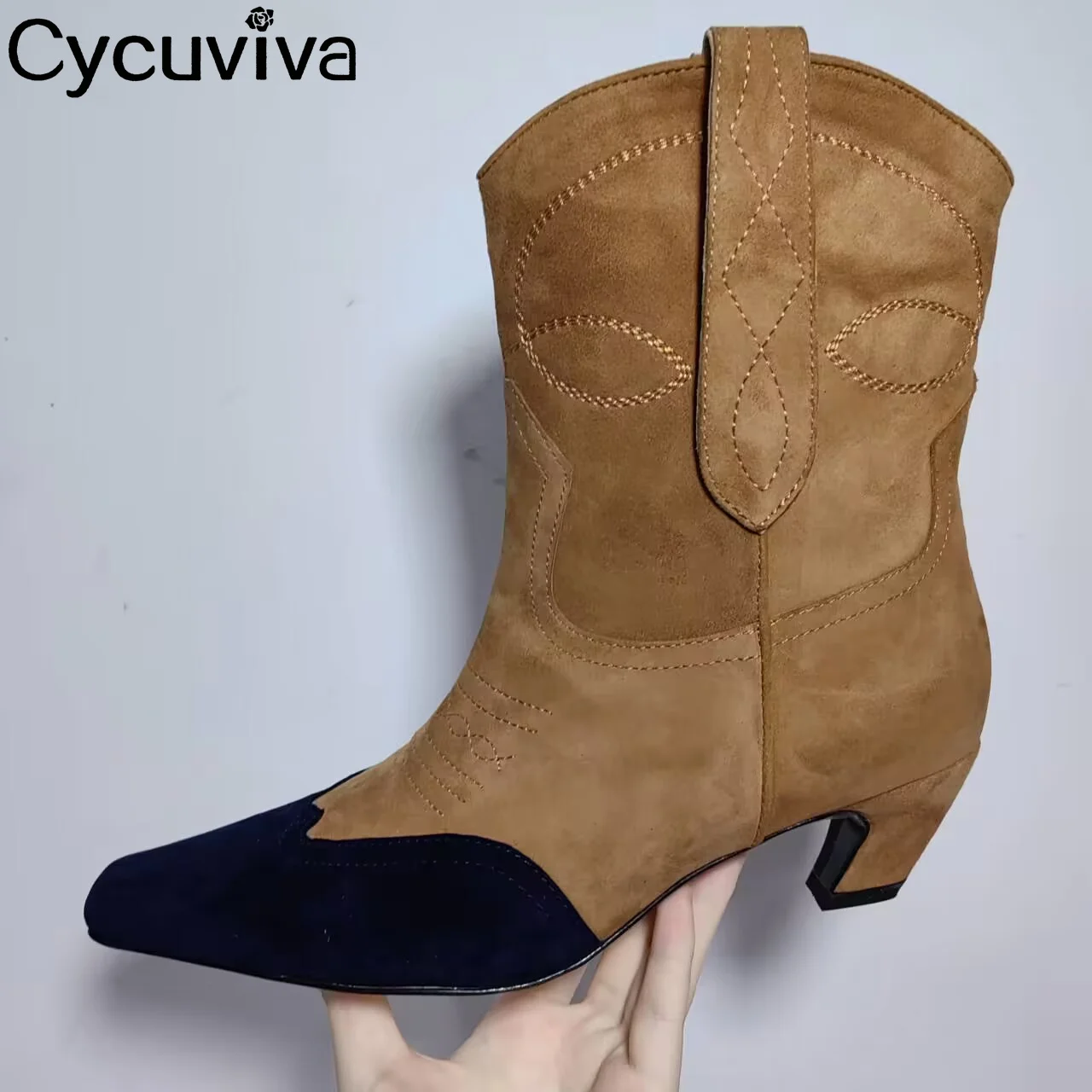 

Designer New Suede Mid Calf Boots Women Pointy Toe Low Heel Designer Short Boots Winter Casual Runway Party Chelsea Boots Women