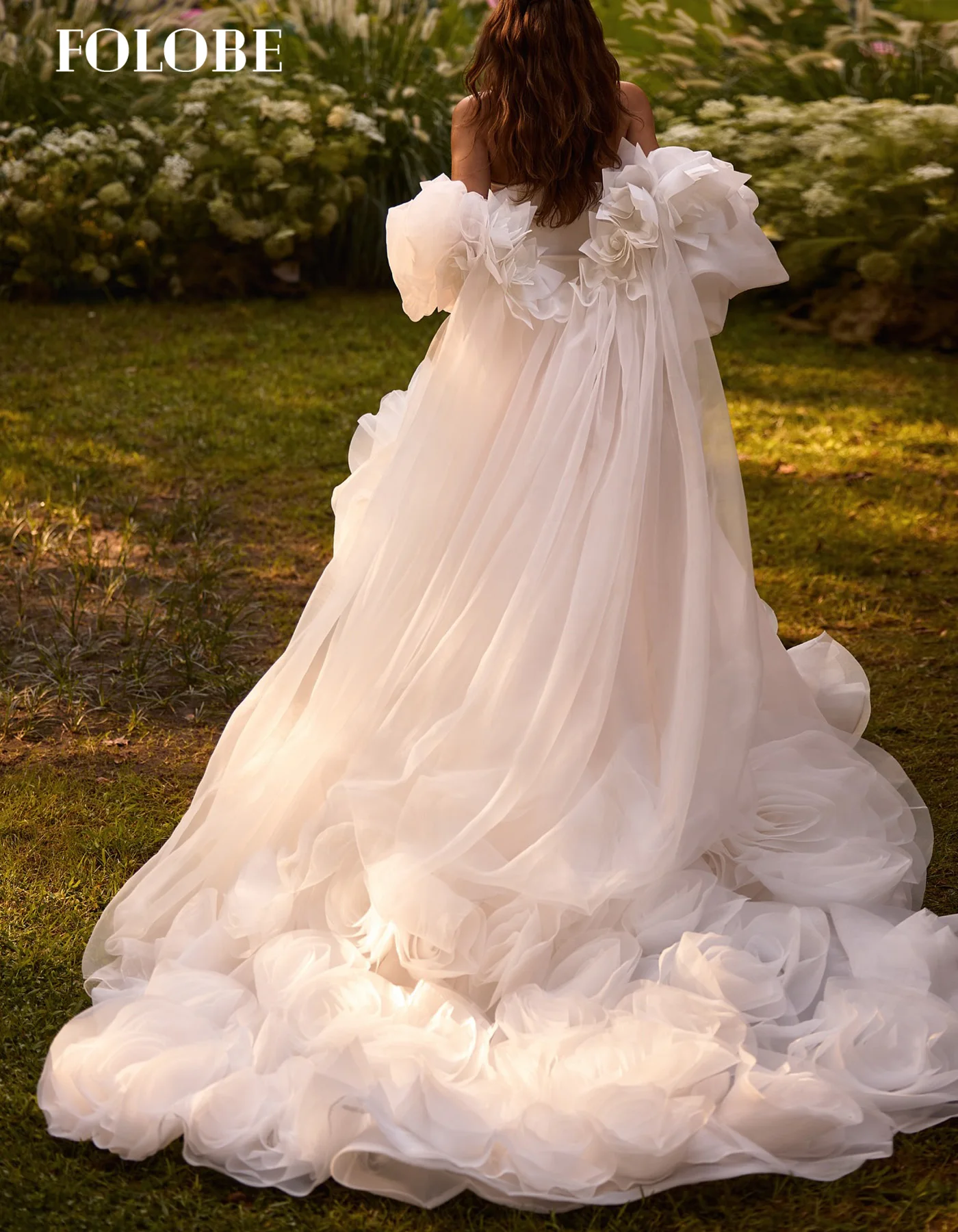فستان زفاف FOLOBE فاخر بدون حمالات على شكل زهور بدون أكمام أبيض على شكل حرف a فساتين زفاف أنيقة للعروس والنساء حسب الطلب #5