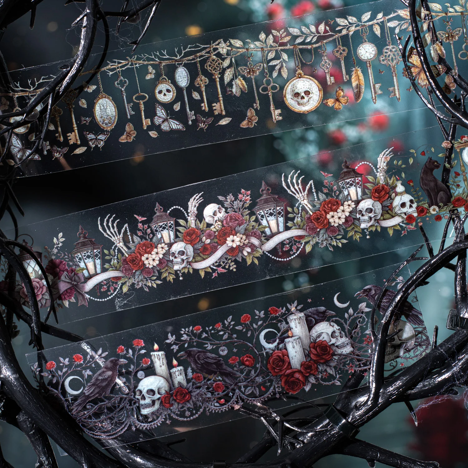 1Roll Halloween Gothic Rose Skeleton Washi Tape for Scrapbooking DIY, Journal Decoration, Phone Case Notebook Decor