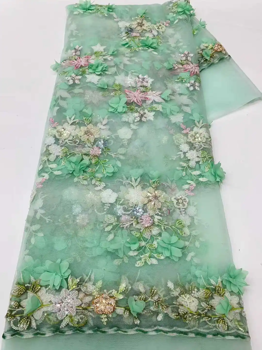 

African Lace Fabric Beads Embroidered Nigerian Lace Fabrics 3D Flowers 2025 High Quality French Tulle Lace Fabric For Dresses